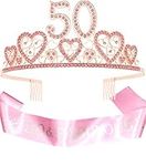 50th Birthday Sash and Tiara for Women - Fabulous Glitter Sash + Hearts Rhinestone Pink Premium Metal Tiara for Her, 50th Birthday Gifts for 50 Party