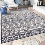 Outdoor Rug Carpet 9X12 ft, Flatweave Textured Outdoor Patio Rug Non Slip Indoor Outdoor Rugs with Rubber Particles Backing Boho Outdoor Area Rug for Patio Deck Front Porch Backyard Balcony, Navy