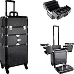 Sunrise i3464 Pro 4 Wheels 2 in 1 Makeup Rolling Cosmetic Train Case Organizer 12 Trays Roomy Space Krystal Black