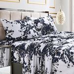 Tribeca Living Queen Bed Sheet Set, 300 Thread Count Soft Cotton Sateen, Floral Print with Extra Deep Pockets, 4-Piece Bedding Set, Milan Navy Blue/Multicolor