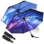 JIGUOOR 2 Pack Folding Umbrella Windproof Compact Travel, Auto Open/Close UV Protection Umbrellas w/Teflon Coating Ergonomic Handle Free Cloth Case for Mens Women (StarrySky+BlueSky)