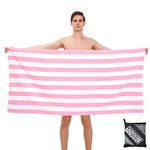 Large Thin Microfibre Beach Towel with Bag for Adult Men Women,160x90cm Pink Stripe Beach Towels Quick Dry Sand Free Lightweight Swim Bath Towel for Travel,Swimming,Pool,Holiday,Camping,Yoga,Gym Sport