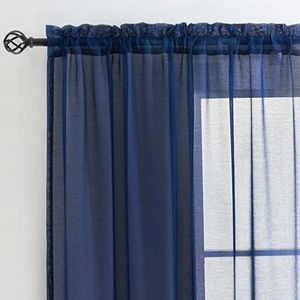 MYSTIC-HOME Sheer Curtains 63 Inch Length 2 Panels Navy Blue, Rod Pocket Voile Drapes for Living Room, Bedroom, Window Treatments Semi Crinkle Curtain Panels for Yard, Patio, Villa, Parlor, 52"x 63".