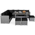 Happygrill 7-Piece Patio Conversation Set Rattan Wicker Furniture Set with Sofa Cushions Outdoor Rattan Sofa Set with Dining Table & Ottomans for Poolside Backyard Balcony Garden