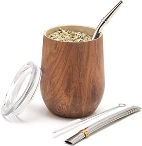 BALIBETOV Modern Mate Cup and Bombilla Set (Yerba Mate Cup) -Yerba Mate Set Includes Double Walled 18/8 Stainless Steel Mate Tea Cup, Two Bombilla Mate (Straw) and a Cleaning Brush (12 oz, Wood)
