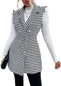 WDIRARA Women's Houndstooth Print Sleeveless Lapel Raw Trim Button Front Long Vest Jacket Black and White S