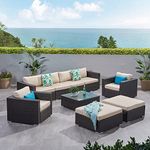 DEVOKO Outdoor Patio Manual Weaving Wicker Sectional Sofa HDPE Rattan Couch Furniture Set with Ottoman, Table and Cushions for Porch, Lawn, Garden (Dark Brown & Cream)