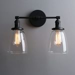 Phansthy Industrial Wall Lights Fitting with Oval Glass Shade 2 Lights Vintage Hallway Wall Lamps E27 Base Indoor Kitchen Wall Sconces Retro Light Fixtures for Bedroom Vanity Mirror (Black)