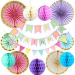 Pastel Birthday Party Decorations,Macaron Happy Birthday Banner ,Bunting,Hanging Paper Fans, Pom Poms,Honeycomb Decorations Set For Girls And Womens