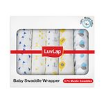 LuvLap 100% Cotton Muslin Baby Swaddle Set, Pack of 5, Size-120cm x 100cm (47"x39"), Triangles Birds & Balloons Printed on White, 0-18 Month+, Printed Mulmal Muslin Swaddle Wrap for New Born Baby