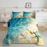 Ocean Comforter Set Queen Beach Bedding Coastal Nature Theme Pattern Teal Duvet Set Boys Girls Hawaiian Quilt Sets Sea Wave Animals Starfish Reversible Comforter Set 2 Pillowcases, Blue Room Decor