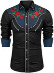 COOFANDY Men's Stylish Casual Rose Floral Embroidered Western Long Sleeve Button Shirt(Black,XXL)