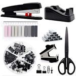 Black Office Supplies,Black Desk Accessories,Stapler and Tape Dispenser Set for with Large Stapler,Tape Dispenser, Staple Remover, Staples, Clips,Scissor and Tabs,Gifts for Office Clerks