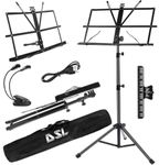 DSL Music Book Stand - Music Stands for Sheet with Lights & Carrying Bag - Metal Sheet Music Stand Sturdy, Portable, Foldable, Heights Adjustable, Black