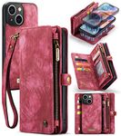 Lhyxuuk for iPhone 14 Wallet Case,Premium Cowhide Leather Purse Magnetic Detachable Phone Cover with Zipper Pocket and 8 Card Slots for iPhone 14 (Wine red)