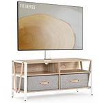 FITUEYES Modern Wood TV Stand with Swivel Bracket for 37 to 75 Inch, TV Srand Cabinet Unit with Decorative Strips, Removable Fabric Drawers, Height Adjustable Max VESA 600x400, White and Oak