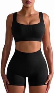 OQQ Workout Outfits for Women 2 Piece Seamless Ribbed High Waist Leggings with Sports Bra Exercise Set, Black, Large
