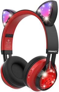 Riwbox CT-7 Cat Ear Bluetooth Headphones, LED Light Up Bluetooth Wireless Over Ear Headphones with Microphone and Volume Control for Travel/School/Smartphones/Laptop/PC/TV （Red&Black）