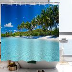 YISURE Beach Shower Curtain Blue Ocean Fabric Bathroom Curtain Set Nature Tropical Palm Tree Polyester Bath Curtains with Hooks Washable Waterproof 71x71 Inches