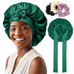 AWAYTR 2 Layered Satin Bonnet for Women Tie Band Hair Bonnet for Sleeping Silk Sleeping Cap with 3PCS Hair Scrunchies (Green)