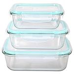 HOCHSTE Glass Food Storage Container Set with Plastic Lids (3 Pcs Set)- Healthy Meal Prep Boxes with Airtight Lids Dishwasher, Oven, Microwave & Freezer Friendly Teal - Rectangle