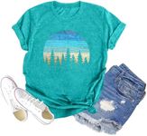 GEMLON Sunset Pine Tree Tshirt Women Camping Tshirt Retro Sun Print Graphic Tee Casual Short Sleeve Top