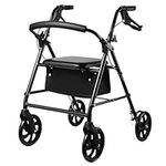 LIVINGbasics Folding Walker with Seat,4-Wheels Rollator with Under-Seat Storage Bag, Adjustable Handle Height,Supports up to 300 lbs-Black