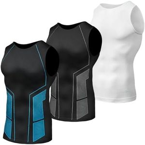 Odoland 3 Pack Men Compression Shirt, Gynecomastia Tummy Control Slimming Undershirt Tank Top Men, Body Shaper Strengthen Compression Vest Shapewear,Line Black/Line Blue/White, XXXL