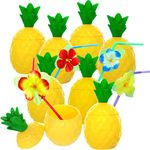 GiftExpress 24-pack Plastic Pineapple Cups with Lids and Hibiscus Straws, Hawaiian Party Cups Luau Aloha Party Favor (24)