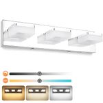 3 Colors Dimmable Bathroom Light Fixtures over Mirror LED Chrome Vanity Lights for Bathroom Acrylic Stainless Steel 3 Light Bathroom Vanity Light Fixtures, Adjustable 3000K/4000K/6000K, 360° Rotate