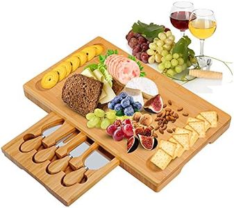 Cheese Board Set, Cheese Tray, Charcuterie Board and Serving Meat Platter with 4 Stainless Steel Cheese Knives, Ideal for Wedding Gifts Christmas Birthday Party