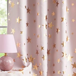 Foil Star Blackout Kids Curtains, Gold Pink Star Print Thermal Insulated Blackout Drapes for Girls Kids Teenagers Bedroom Sparkling Gold Star Window Drapes for Baby Nursery Room (W50 x L63, Set of 2)