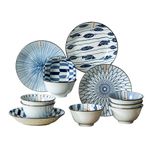 Hivelane Japan-Style Porcelain Bowls and Plates 12 Piece Set Assorted Blue and White Pattern C1903