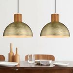 ELYONA 2 Pack Pendant Light Fixtures 12” Vintage Hammered Metal & Wood Dome Hanging Lamp Antique Gold Industrial Kitchen Pendant Lights for Island, Farmhouse, Dining Room, Sink, Hallway, Brushed Brass