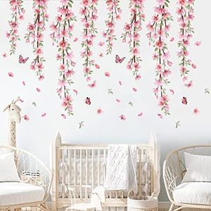 Taeamjone Hanging Vines with Cherry Blossom Wall Stickers Pink Flower Butterfly Peel & Stick Wall Art Decals for for Girl Bedroom Living Room Kitchen Office Decoration