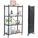 Poofzy 4-Shelf Foldable Storage Shelves with Wheels, Folding Shelves No Assembly, Collapsible Display Shelf, Shelving Unit for Garage Kitchen, Basement, Pantry