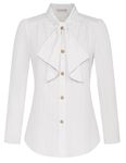 Belle Poque Going Out Tops for Women Ladies Long Sleeve Button Down Elegant Textured Shirt with Bow Tie White M