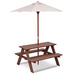 Maxmass Kids Picnic Table Bench Set, Children 4 Seat Activity Play Table with Removable & Folding Umbrella, Wooden Table & Chair Sets for Garden, Courtyard, Home, Lawn (89 x 79 x 50cm, Brown)