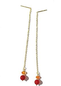 Joyfulmuze Carnelian Round Ball Threader, Long Gold Chain Earrings, Minimalist 18k Gold Plated Silver 925 Jewelry, Small Orange Genuine Gemstone July Birthstone, Gift for Her, 3.5 inch Long