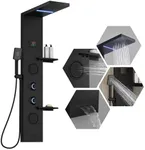 Homevacious 4 In 1 Shower Panel Shelf LED Rainfall Shower Head and Adjustable Massage Body Jets 3-Functions with Handheld Shower Tub Spout Stainless Steel Bathroom Shower Fixtures Matte Black