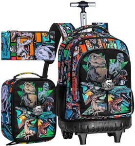 3PCS Rolling Backpack for Men, 21 Inch Water Resistant Dinosaur Backpacks with Roller Wheels, Wheeled Bookbag for Teens Boys Elementary School Travel
