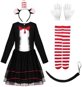 Ficlwigkis Cat in The Hat Costume Set,5 Piece Cat Costumes for Kids Tulle Dress Tail Red Headband Striped Pantyhose Gloves for World Book Day Halloween Costumes Cosplay Dress Up (Black, L)