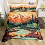 Mountain River Duvet Cover Set Full Size,Nature Scenery Tent Printed Bedding Set Kids Boys Girls Room Decor,Camping Luxury Bedspreads Cover,Retro Adventure Theme Comforter Cover 3Pcs,2 Pillowcases