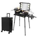 SHAMAX® Aluminum Professional Rolling Cosmetic Makeup Trolley Suitcase Train Case with Lighted Mirror LED Light Cosmetic Organizer Beauty Artist Trolley Studio (Black)