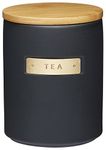 MasterClass Airtight Stoneware and Brass-Effect Tea Storage Canister, 1 Litre, Black, 11.1 x 11.1 x 14.5 cm