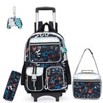 HTgroce Rolling Backpack for Boys School Backpack with Wheels Kids Roller Luggage for Elementary Kindergarten Students with Lunch Box Pencil Case for Boys 5-12 Years Old