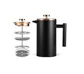 MaxMiuly Small Cafetiere 1 Cup Stainless Steel French Press Coffee Maker Double Wall Insulated Coffee Press 350ml/12oz with 2 Filter Mesh Black Cafetiere Coffee Pot Rose Gold Lid