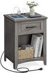 VASAGLE Farmhouse Nightstand with Charging Station, Bedside Table with Drawer, Open Compartment, Side Table with Storage, for Bedroom, Misty Gray ULET659G68