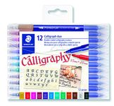 STAEDTLER double ended calligraphy markers, calligraph duo, for narrow and broad lettering designs, pigmented ink, 12 assorted colors, 3002TB12LU