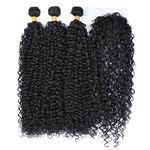 Luovce Synthetic Hair Extension Jerry Curly Synthetic Hair Weave Bundles 3 Bundles 22 inches with one Closure 230 Grams 1B Natural Colour